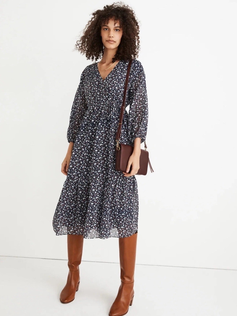 Madewell Navy Floral V-Neck Tiered Midi Dress